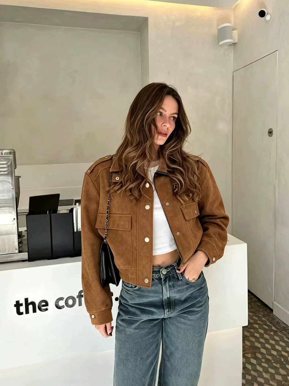 ZARA Vintage Suede Short Jacket Notch Collar Pockets Brown Casual Coat
